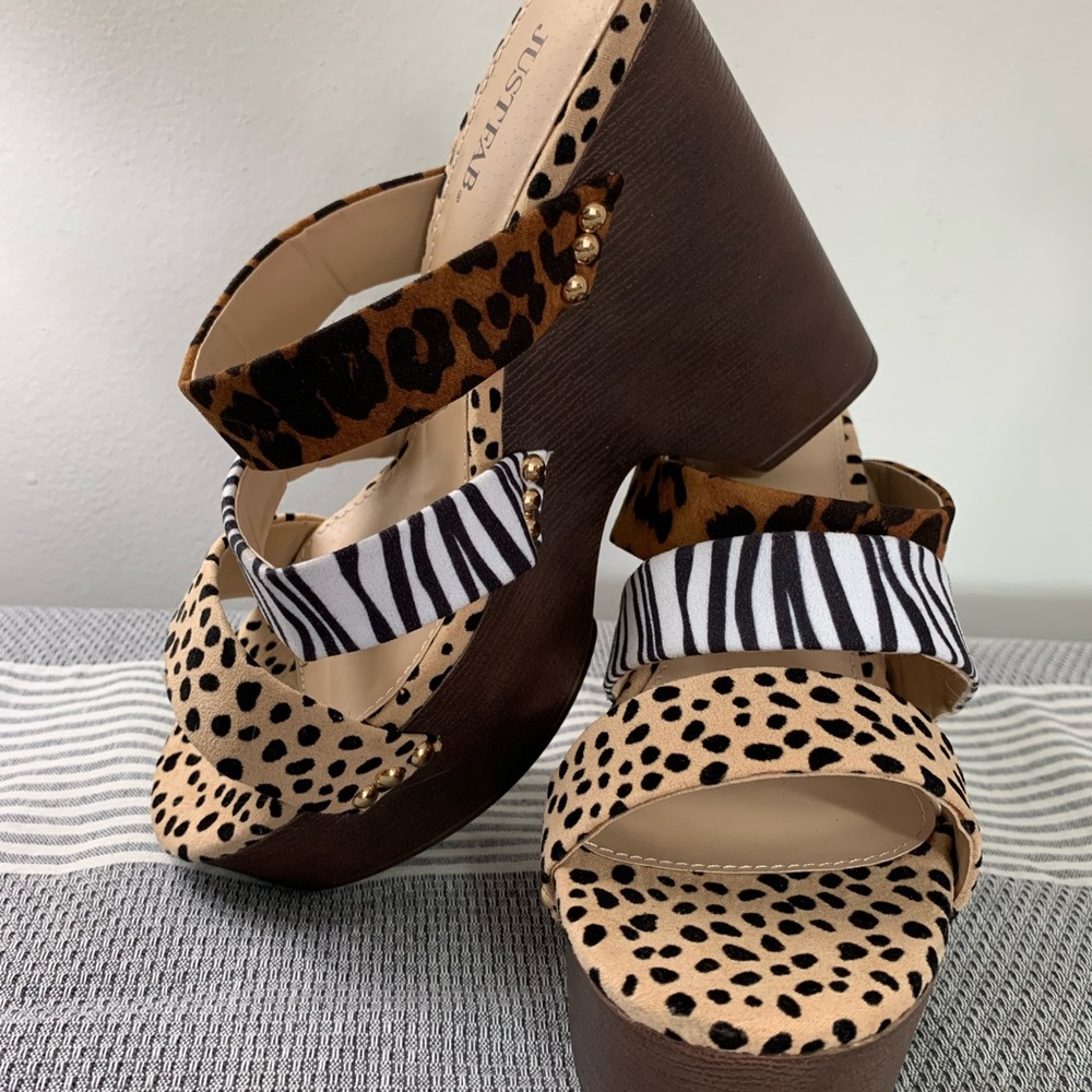 JustFab Leopard and Zebra Print Wedge Sandals